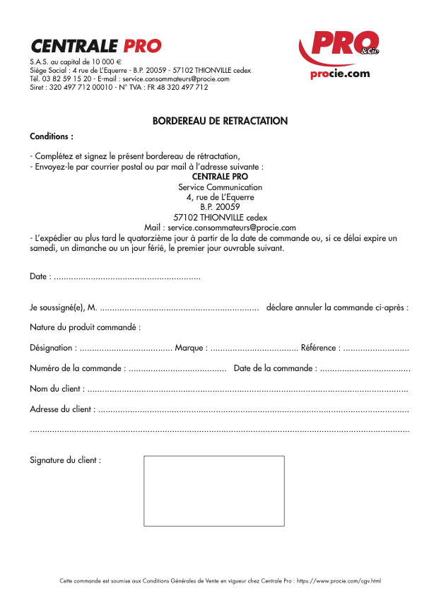Formulaire de rétractation